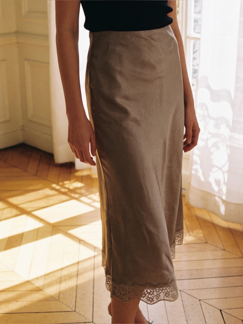 A New Day | Sleek Rose Pink Satin Lace-Hem Midi Skirt - Women | S